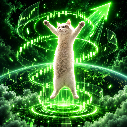 White cat leaping above the Earth inside a spiral of green candlesticks