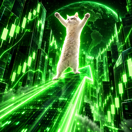 White cat standing on a glowing green arrow above a city of charts