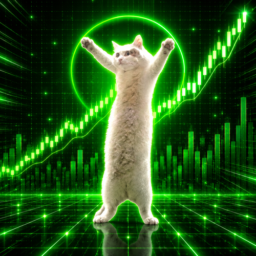 White cat with both paws raised on a neon green trading floor