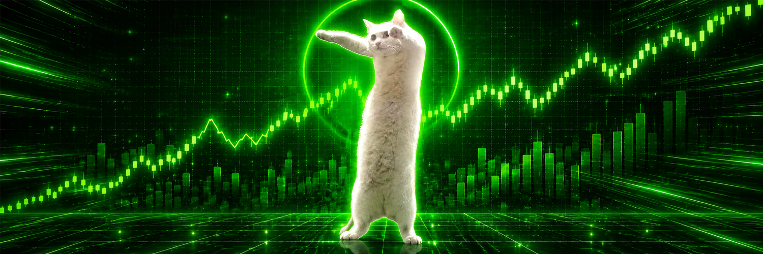 Wide shot of the white cat on a neon green chart stage, one paw pointing forward
